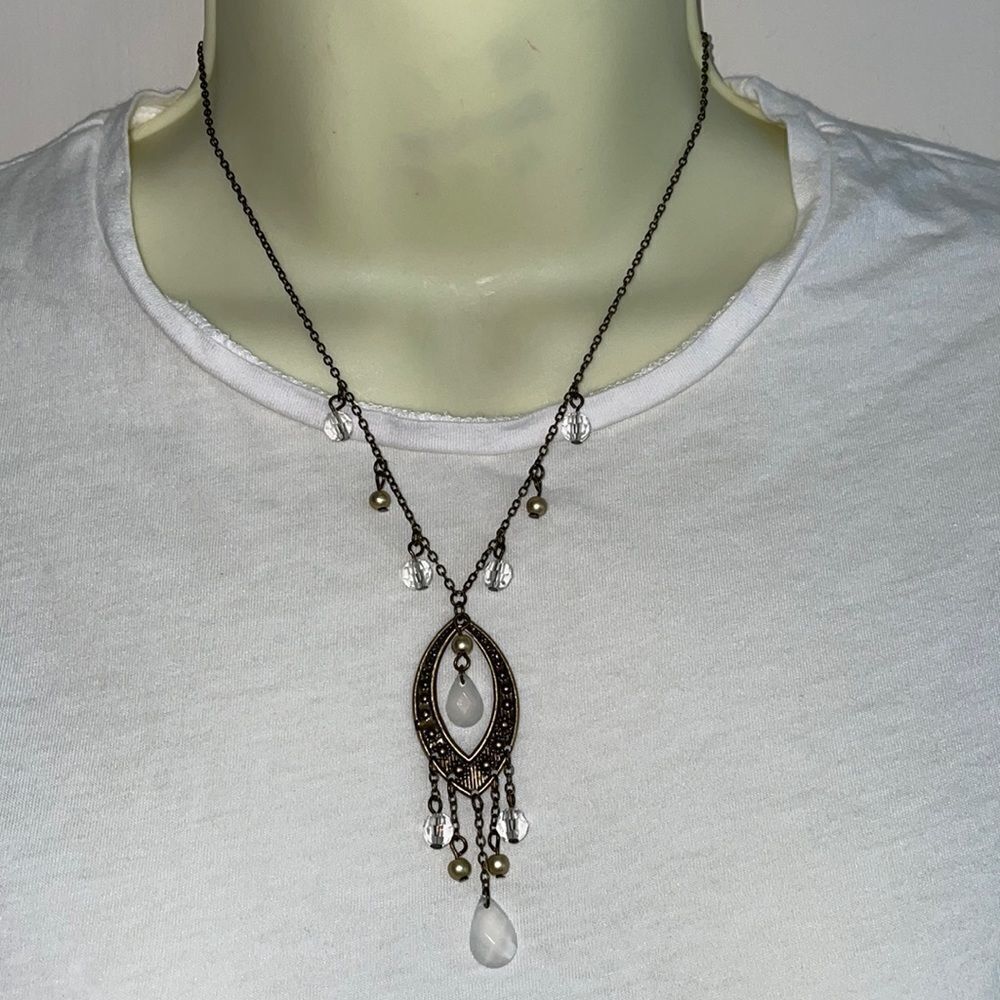 Pretty brass statement necklace with clear, light pink & gold tone beads‎
